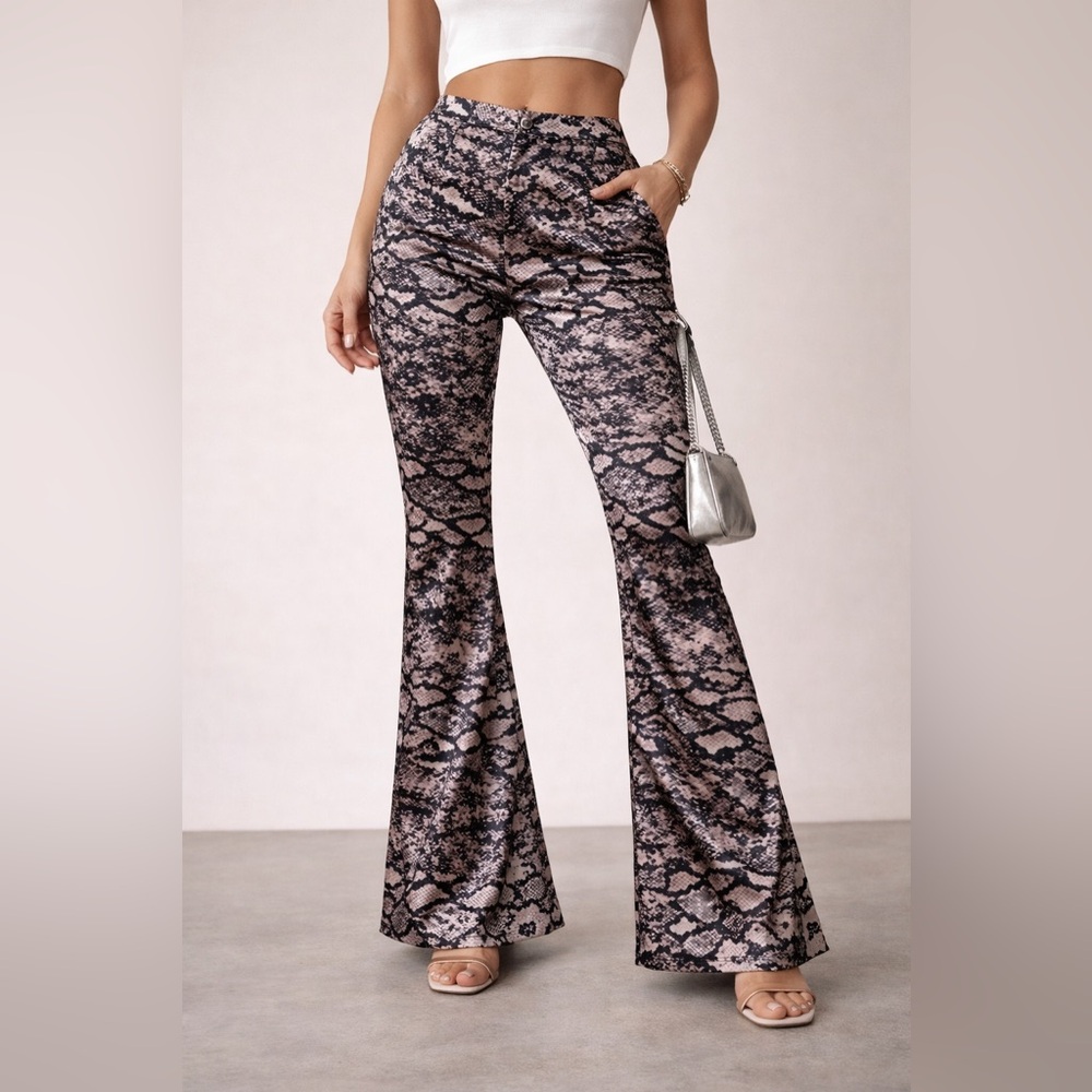 Satin Snakeskin Print Flare Pants Milk & Honey Size Small